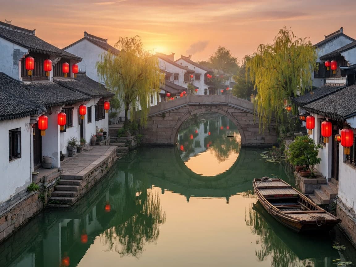 A canal and whitewashed houses in Suzhou