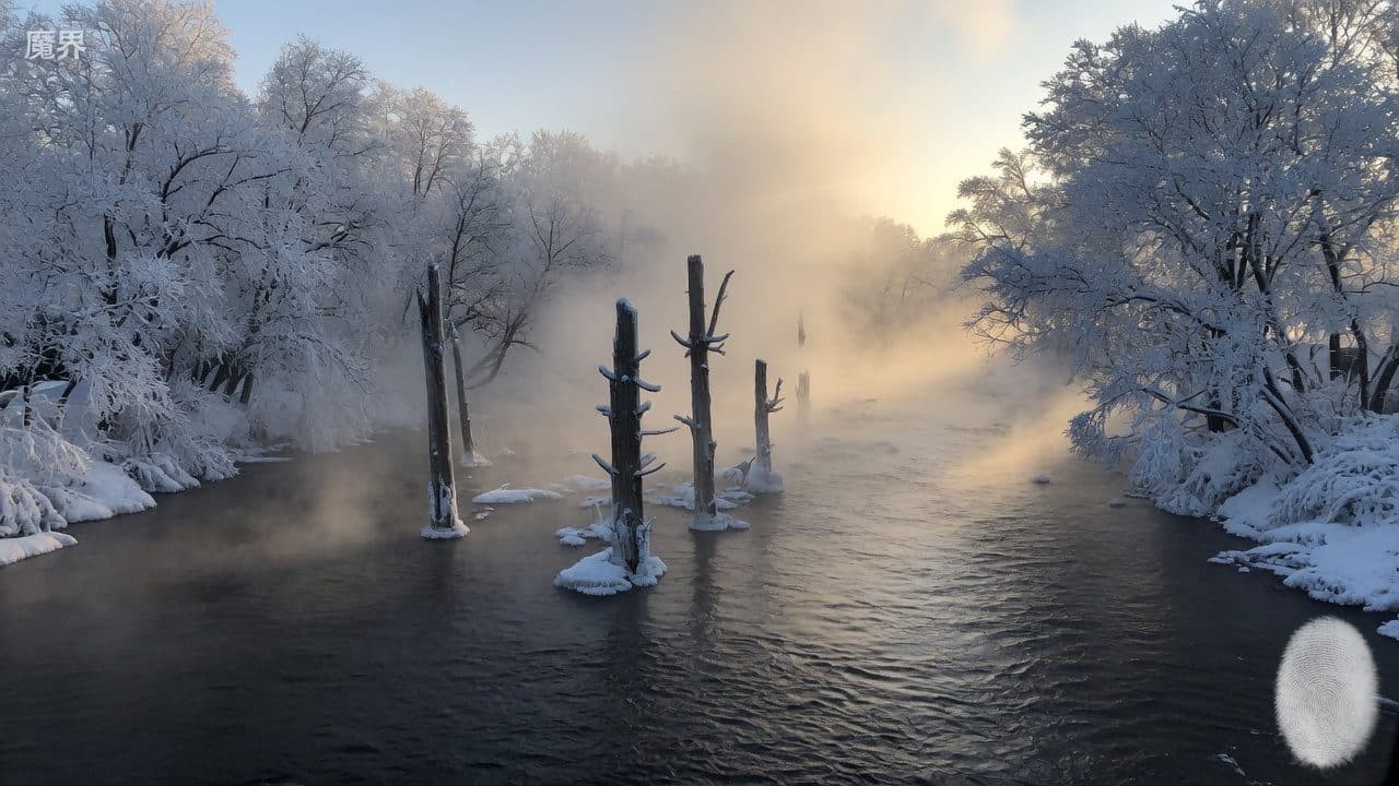 Rime-covered banks along the unfrozen Magic Realm river at Changbaishan