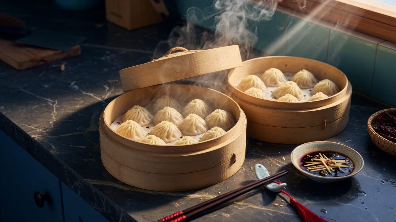 Bamboo steamers of soup dumplings on a kitchen counter