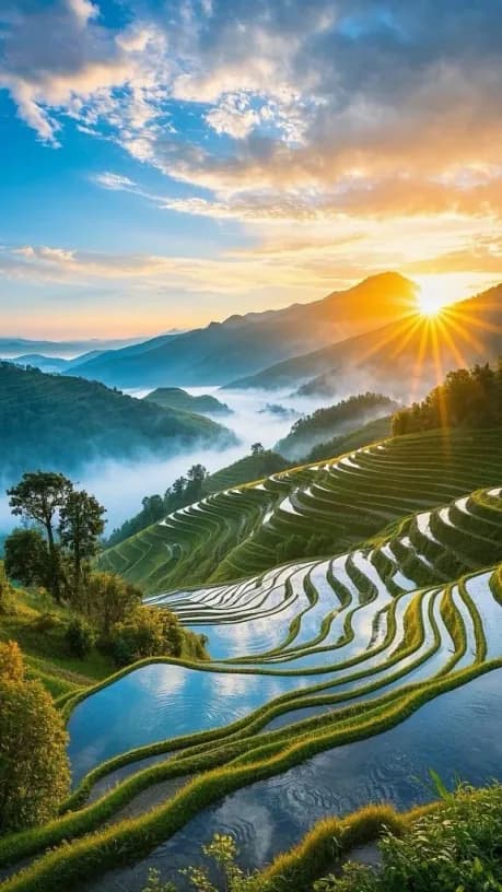Flooded Longji terraces catching the light at sunrise
