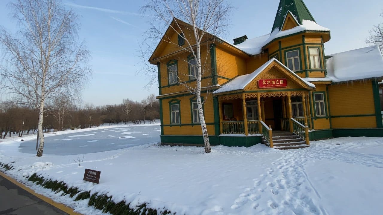 Timber Russian-style buildings under snow at Volga Manor outside Harbin