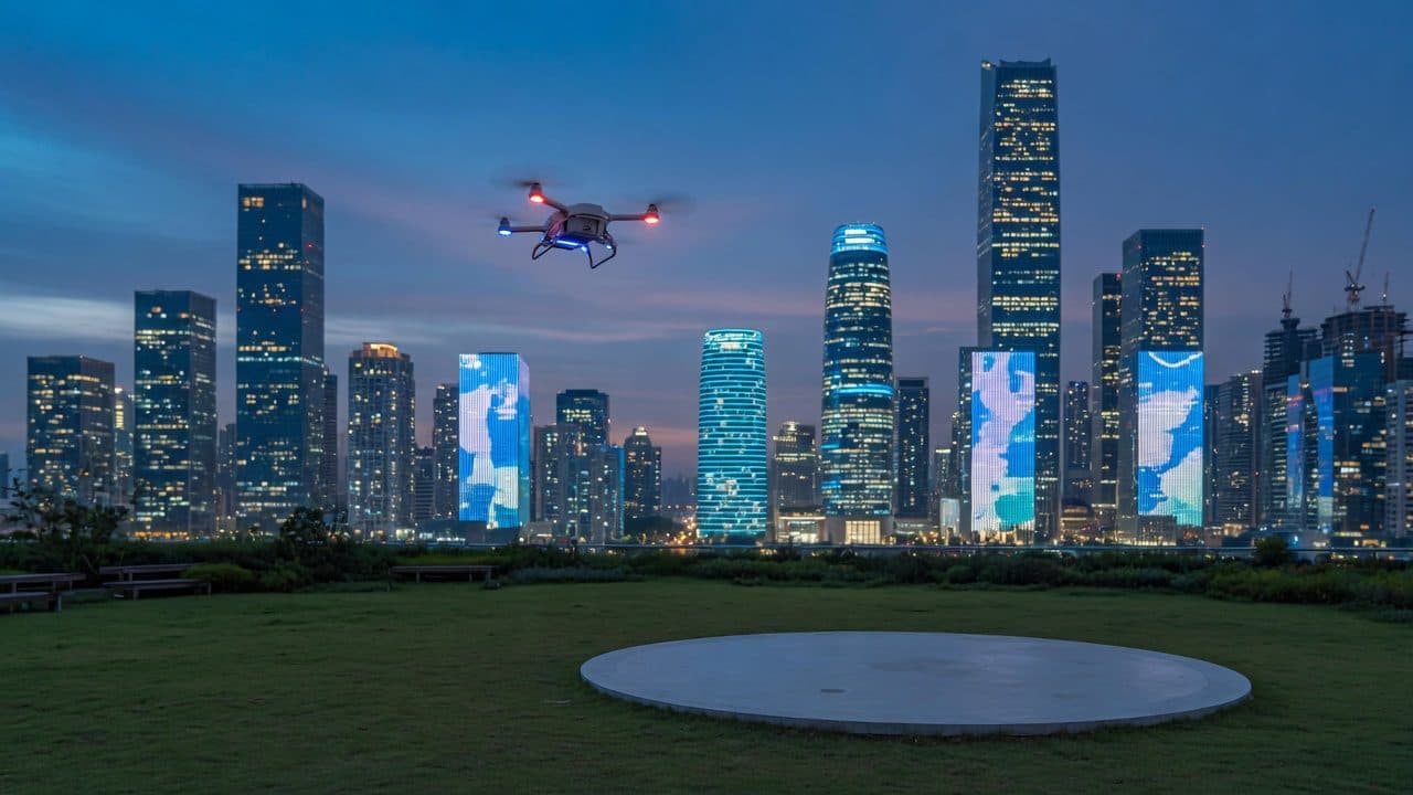 Delivery drone descending over a Shenzhen rooftop park at dusk