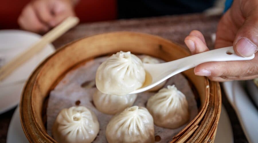 Steamer of xiaolongbao soup dumplings