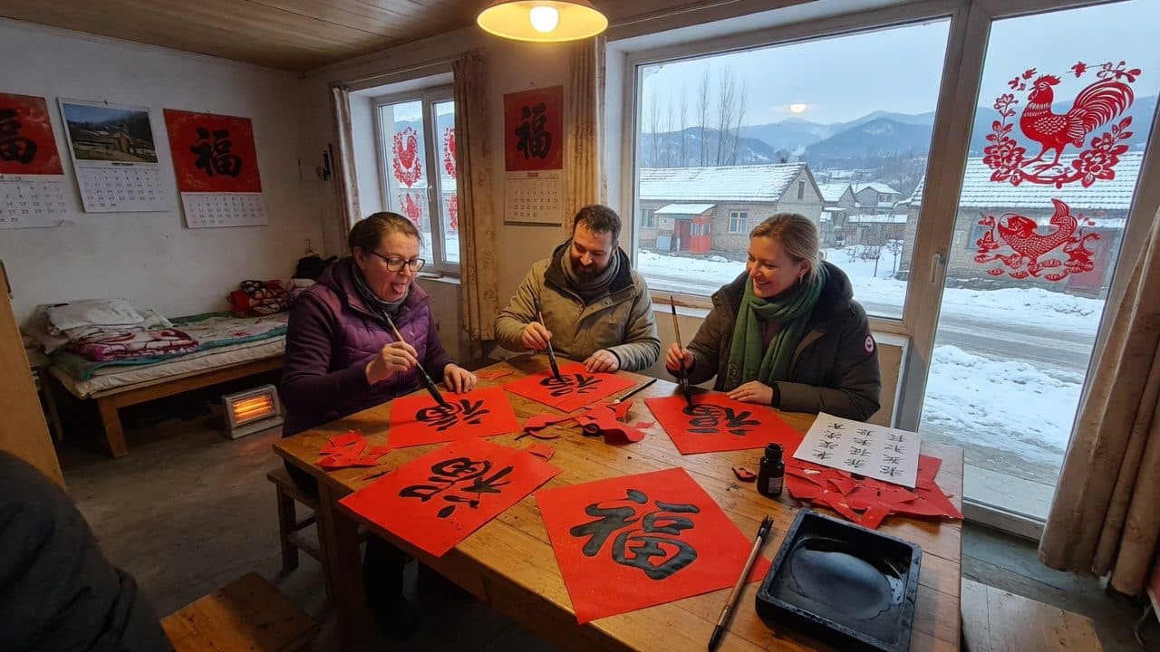Writing spring couplets with a brush in a northeastern farmhouse