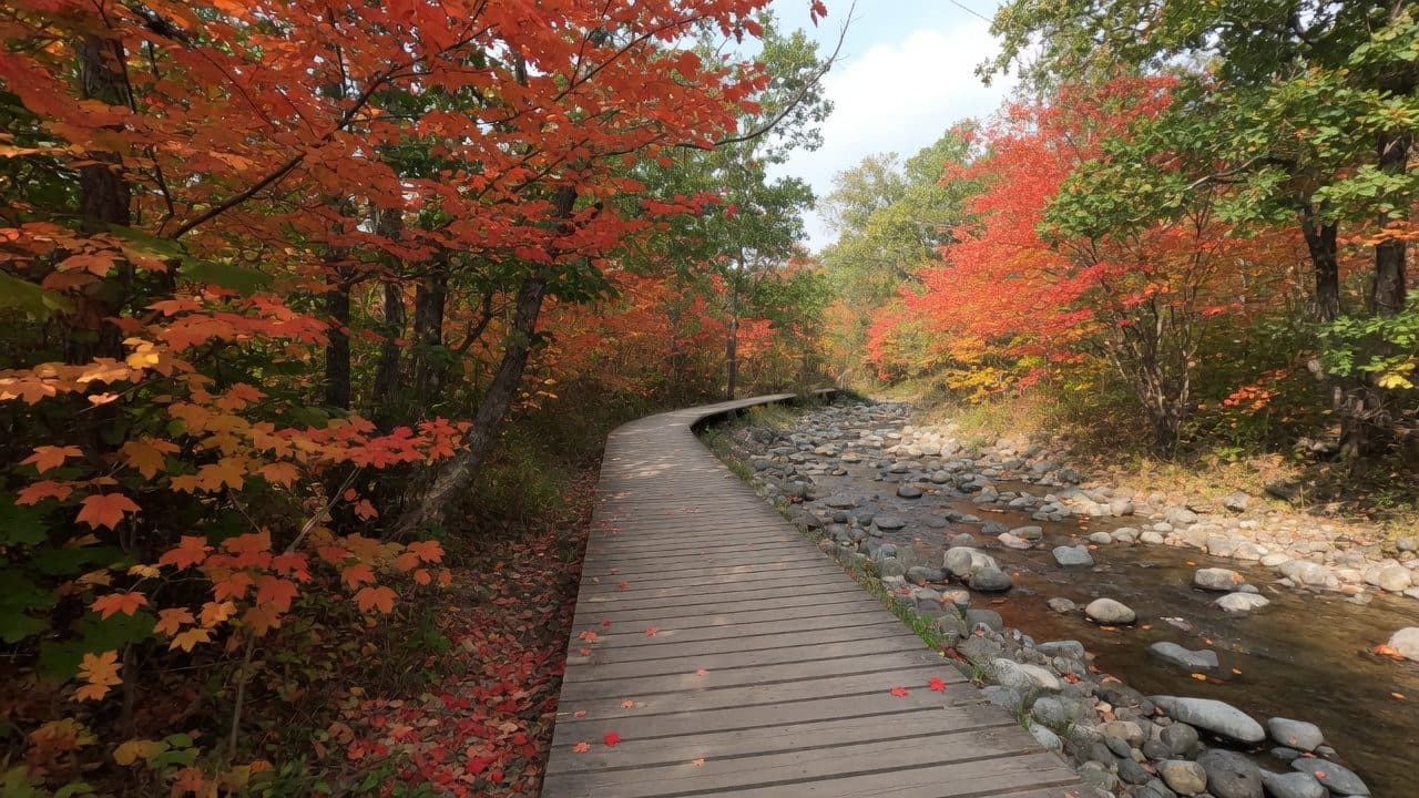 Autumn maples over the boardwalk at Tianqiaogou forest park