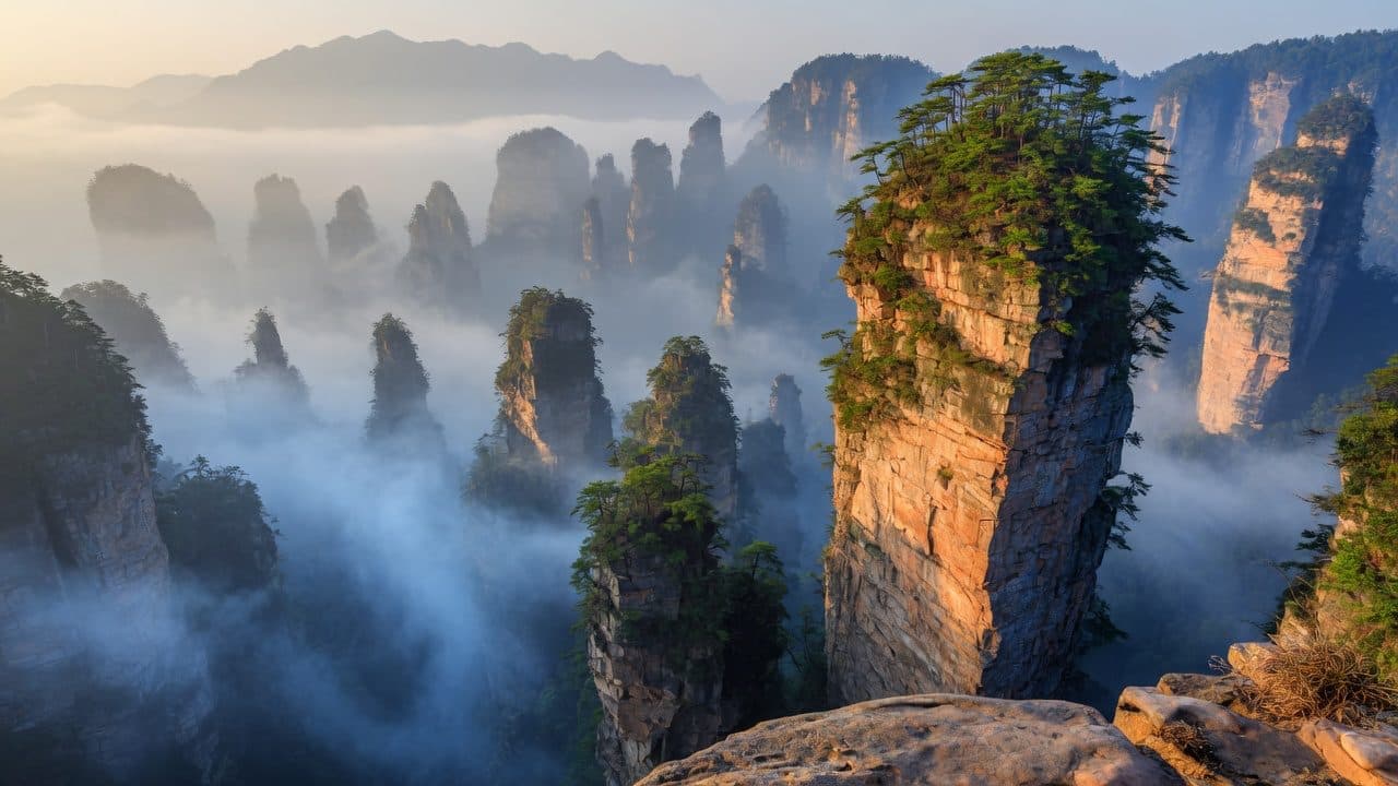 Zhangjiajie sandstone pillars rising through a sea of mist