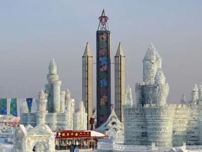 Ice towers and castle walls at Harbin Ice and Snow World