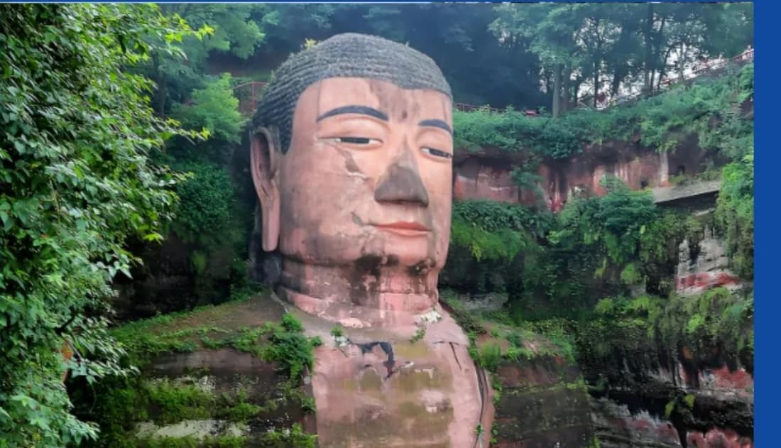The head of the Leshan Giant Buddha among the cliff greenery