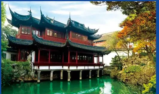 Classical pavilion and pond at Yu Garden