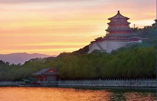 Summer Palace hill at sunset over the lake