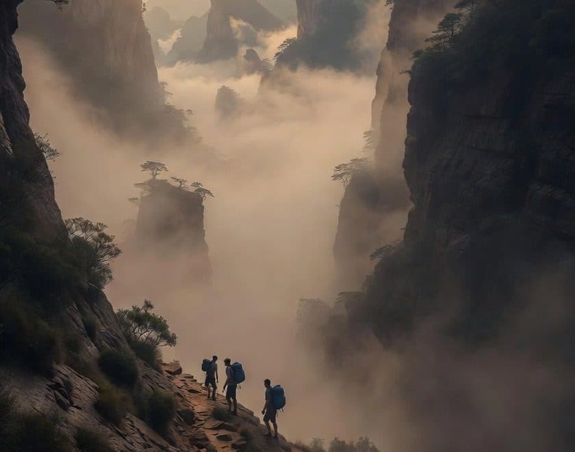 Trekkers on a cliff path with mist filling the gorge below
