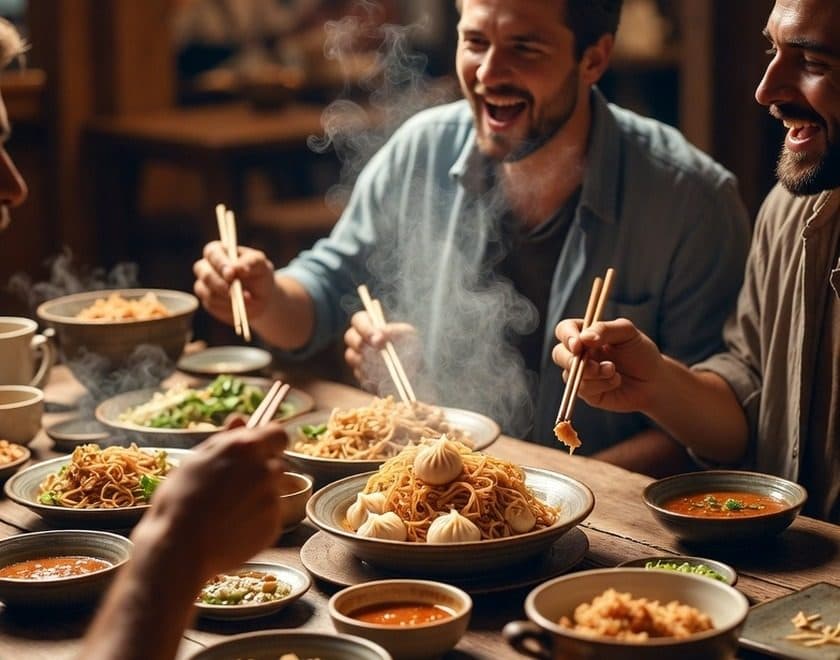 Guests sharing a table of steaming noodle and dumpling dishes