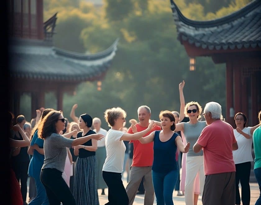 A group joining morning exercises in a temple courtyard