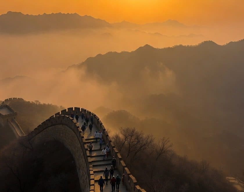 Walkers on the Great Wall as it runs along a misted ridge at sunrise