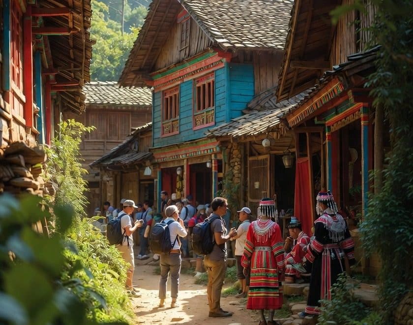 Visitors meeting villagers in traditional dress on a painted timber village street