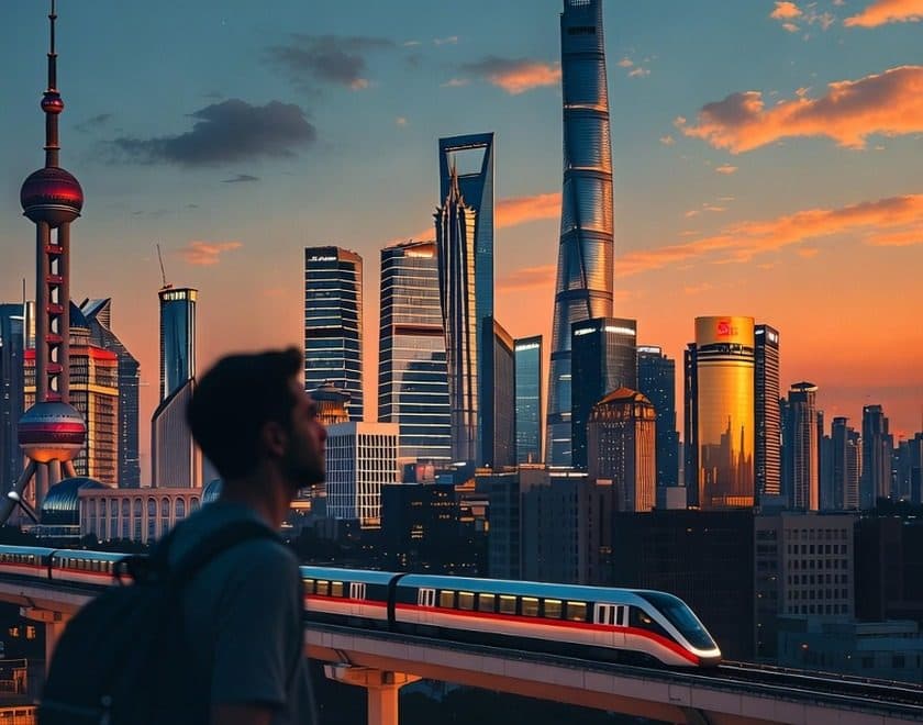 A modern Chinese city skyline at dusk