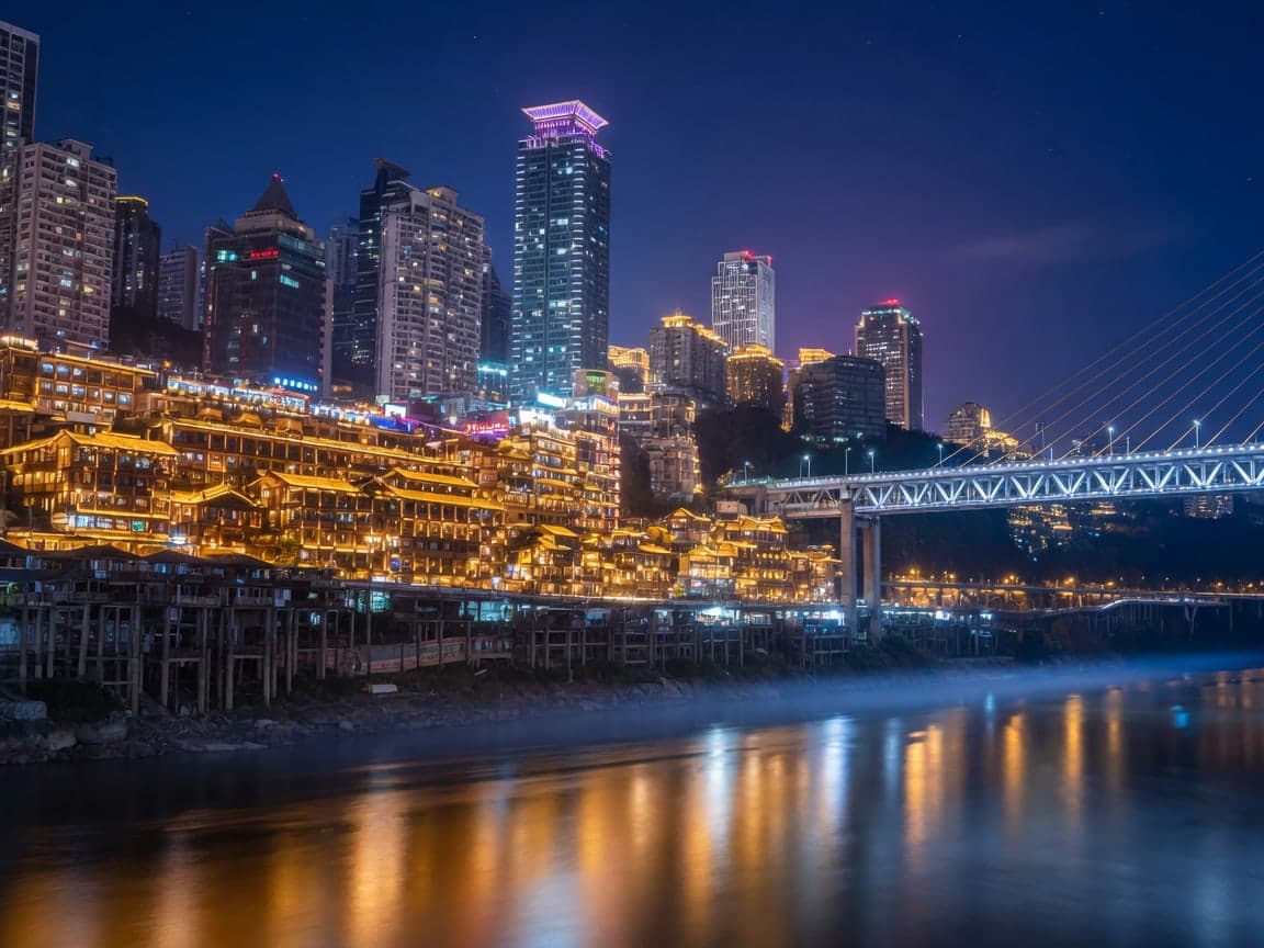 Stacked hillside buildings lit at night in Chongqing