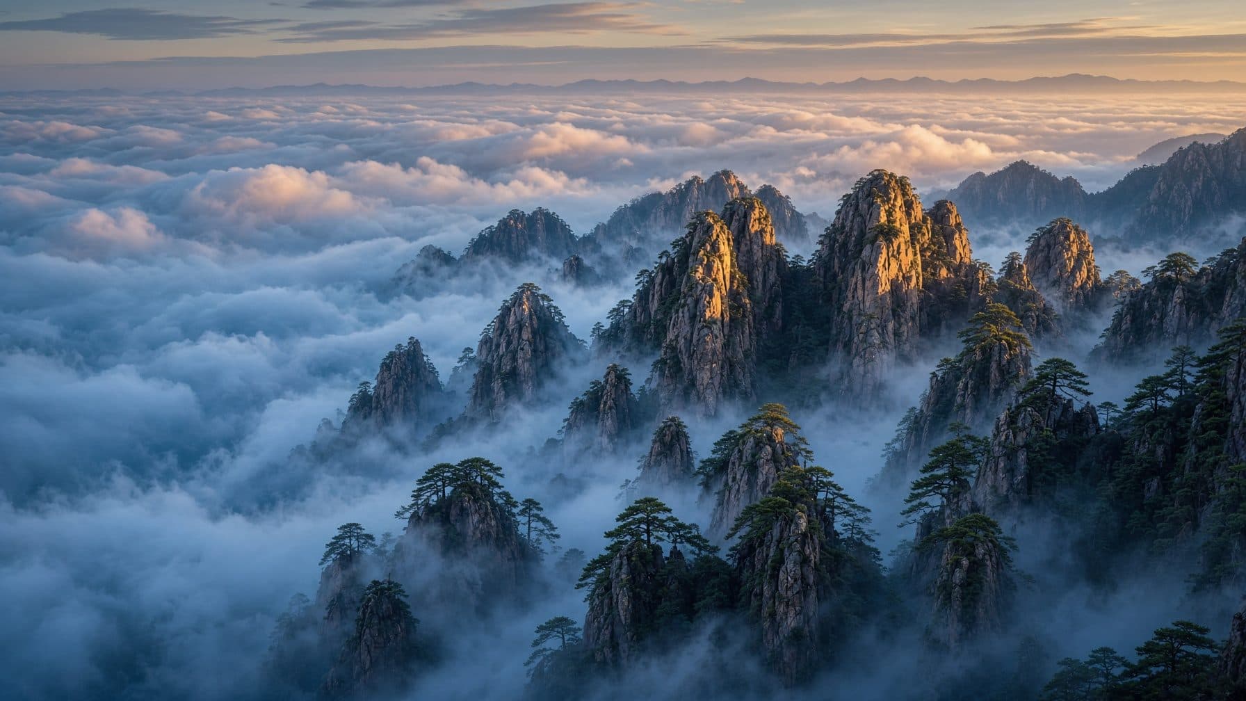 Huangshan peaks rising through a sea of cloud at sunrise