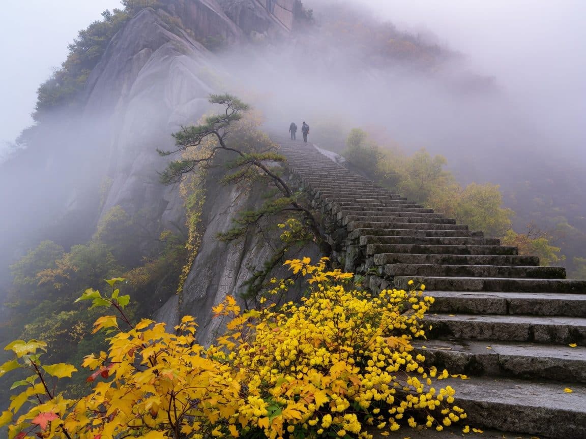 Stone mountain steps climbing into autumn mist with distant walkers on the path