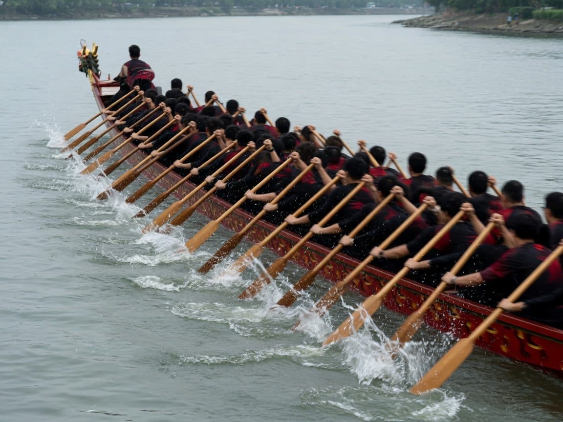A long dragon boat crew mid-stroke on a river, oars angled in unison and spray coming off the blades