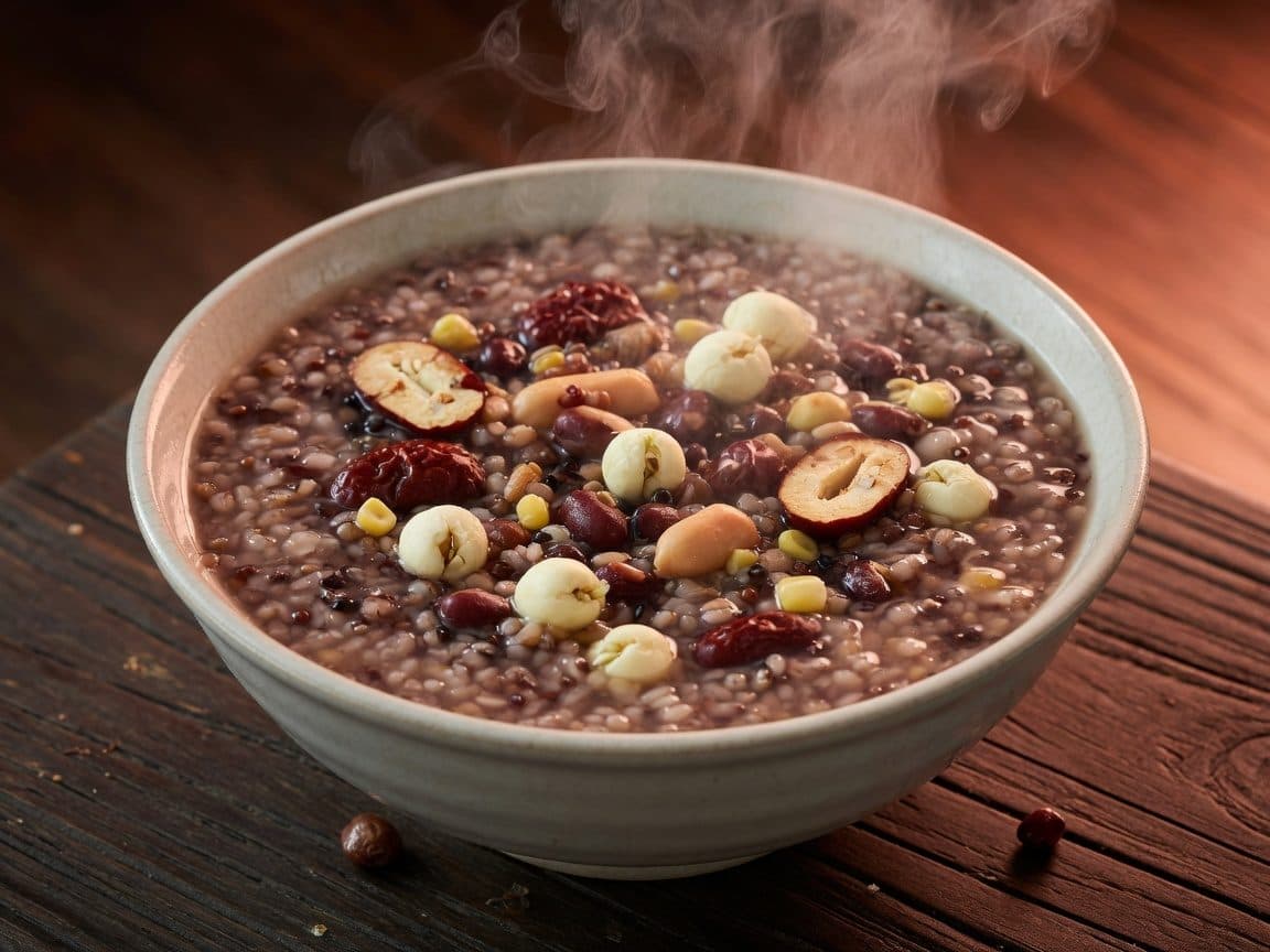 A bowl of mixed-grain congee with beans, nuts and dried fruit, shot close and warm