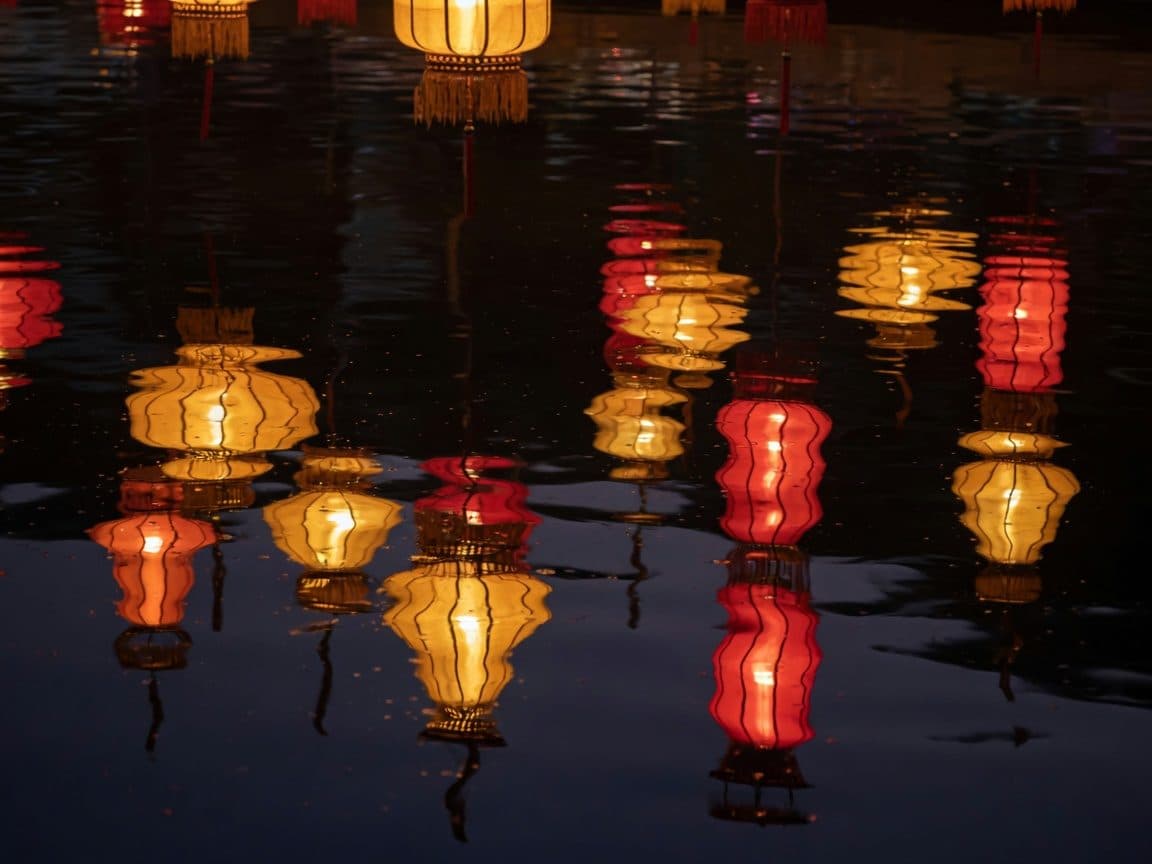 Illuminated traditional lanterns reflected in dark water at a night lantern display