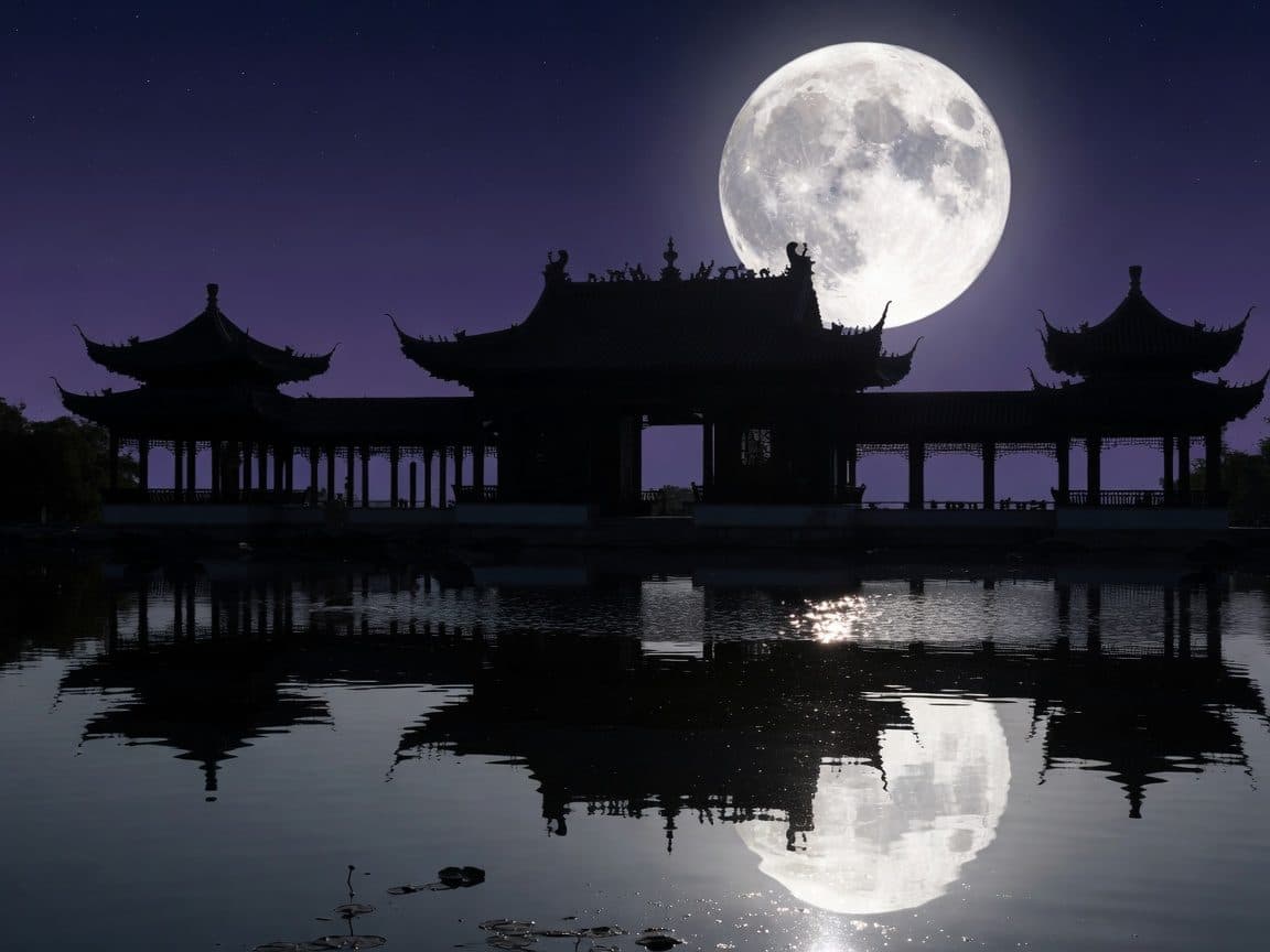 A full moon above the silhouetted roofline of a classical Chinese garden pavilion