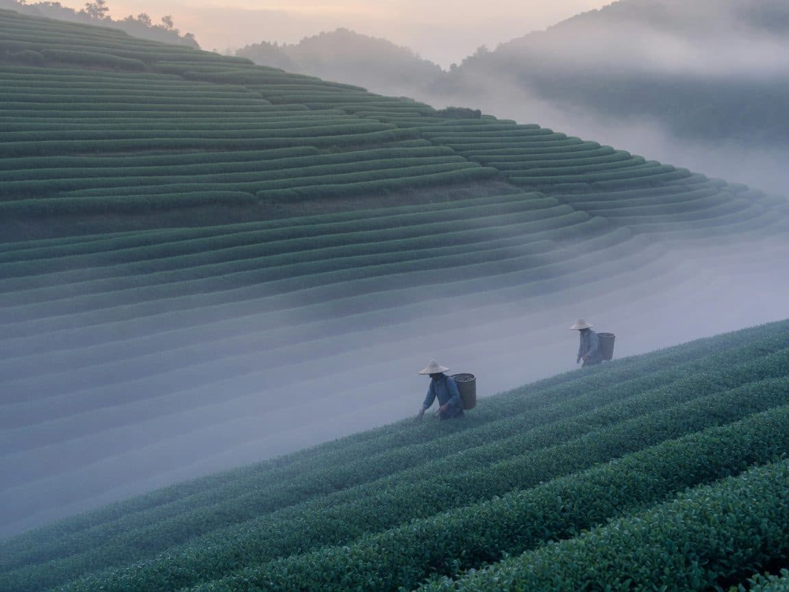 Terraced green tea rows on a misted hillside with pickers working the slope in early spring