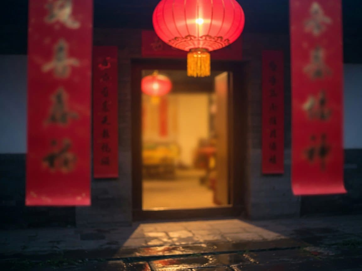 Red paper couplets and lanterns on a courtyard doorway during Chinese New Year