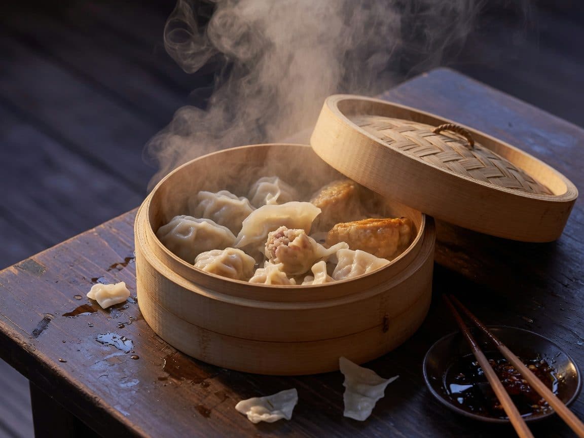 A bamboo steamer of dumplings just opened, steam rising on a dark wooden table