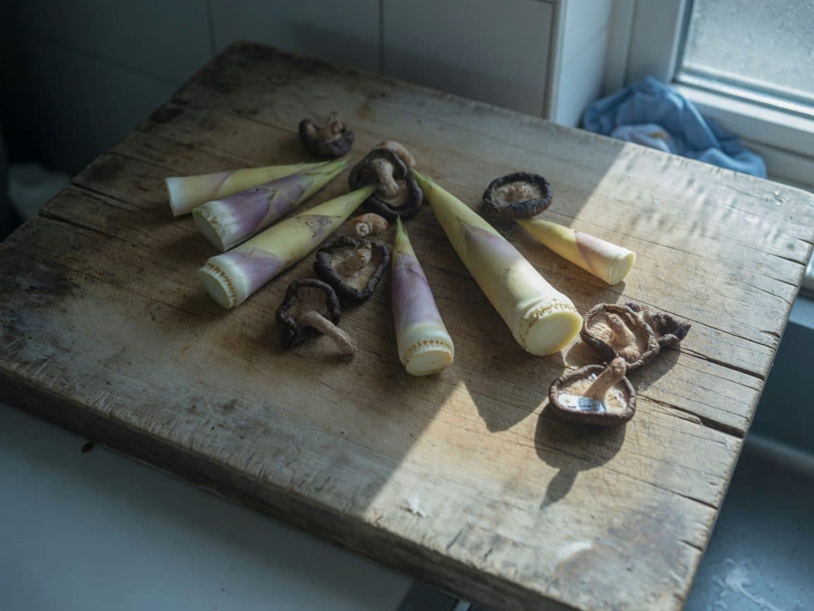 Bamboo shoots and dried mushrooms on a rough wooden board in cool daylight