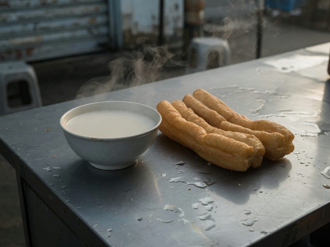 Youtiao and a bowl of soy milk steaming on a steel street-stall counter at dawn