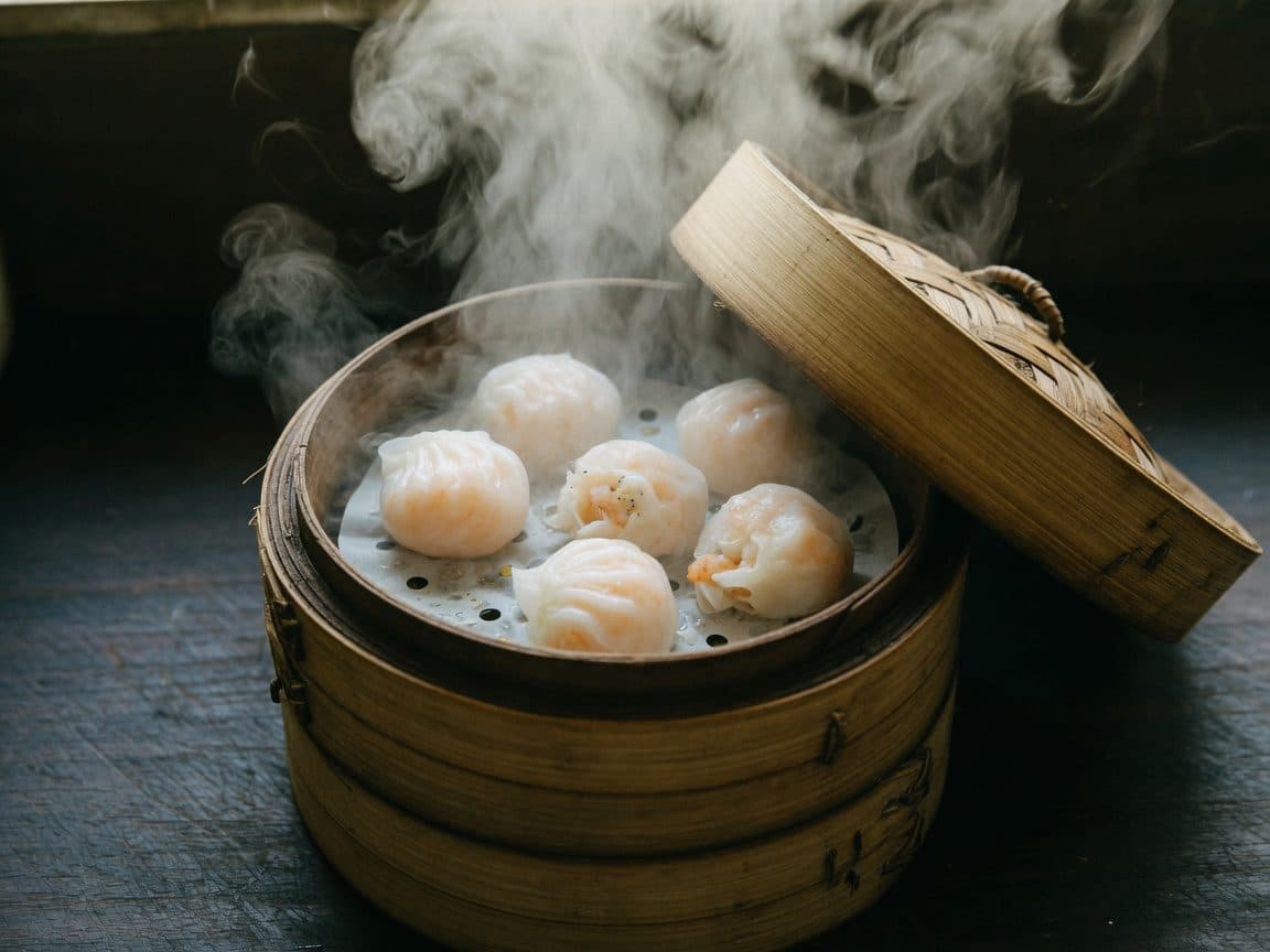 A stack of bamboo steamer baskets with the top lid lifted, dumplings translucent in heavy steam