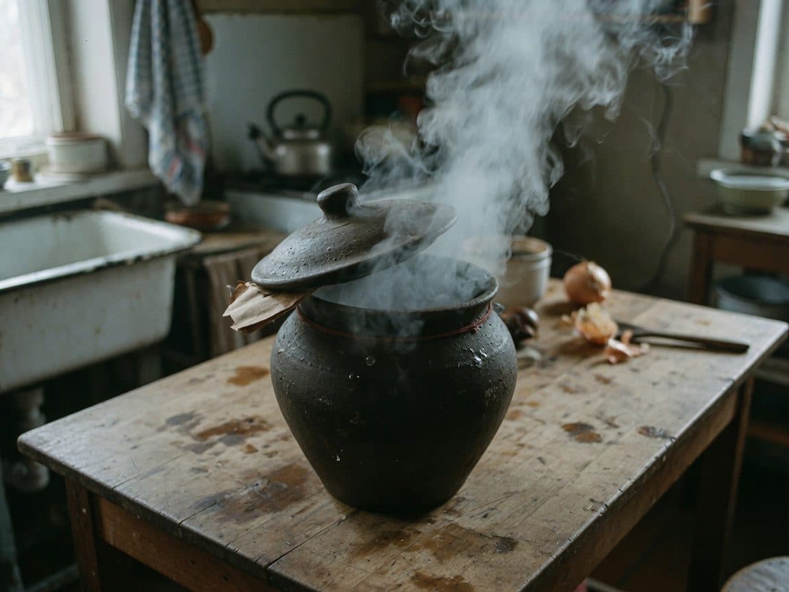 A dark ceramic pot with the lid just lifted, steam obscuring the contents