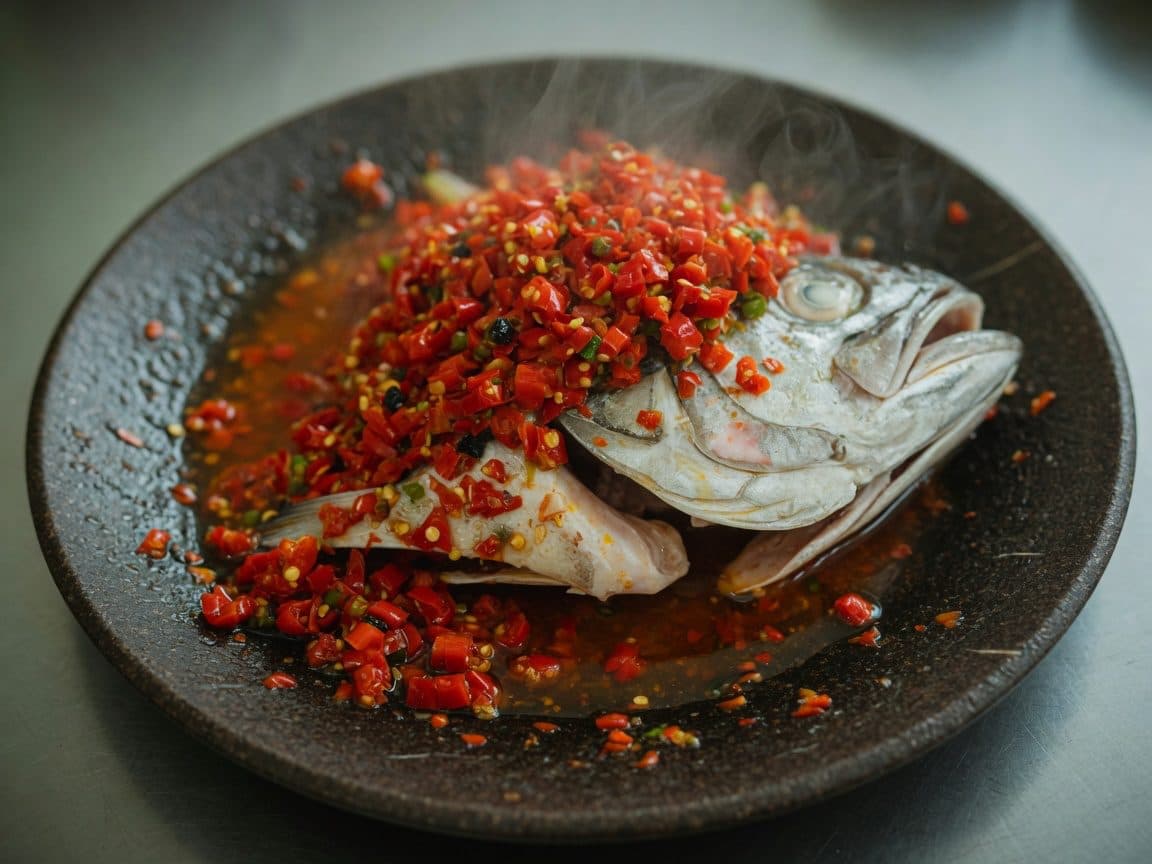 A whole steamed fish head under a mound of red chopped chillies