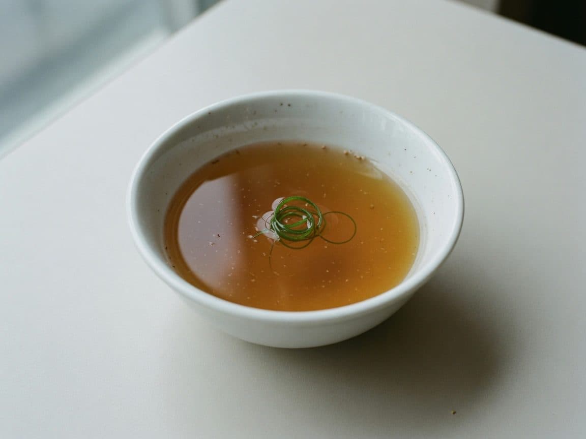 Clear amber stock in a white bowl with a single curl of scallion