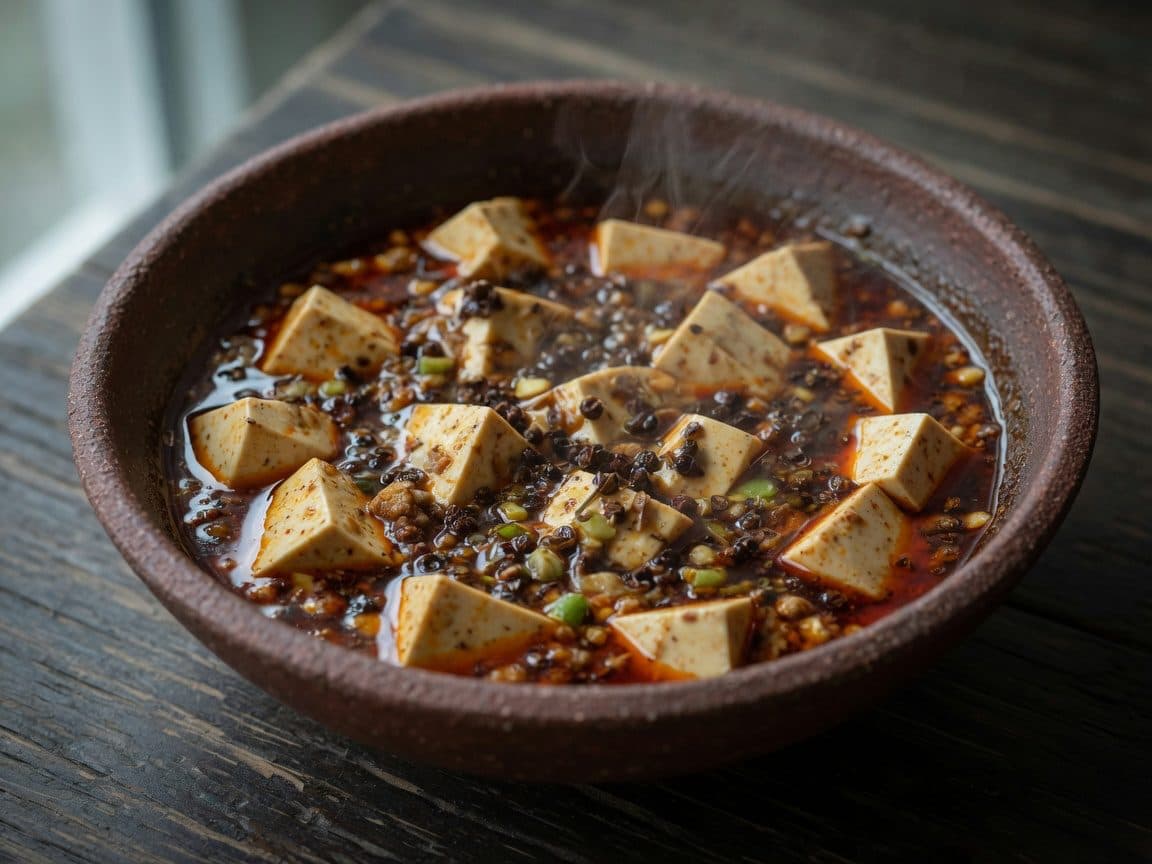 Mapo tofu in a dark clay bowl, chilli oil and Sichuan peppercorns on the surface, steam rising