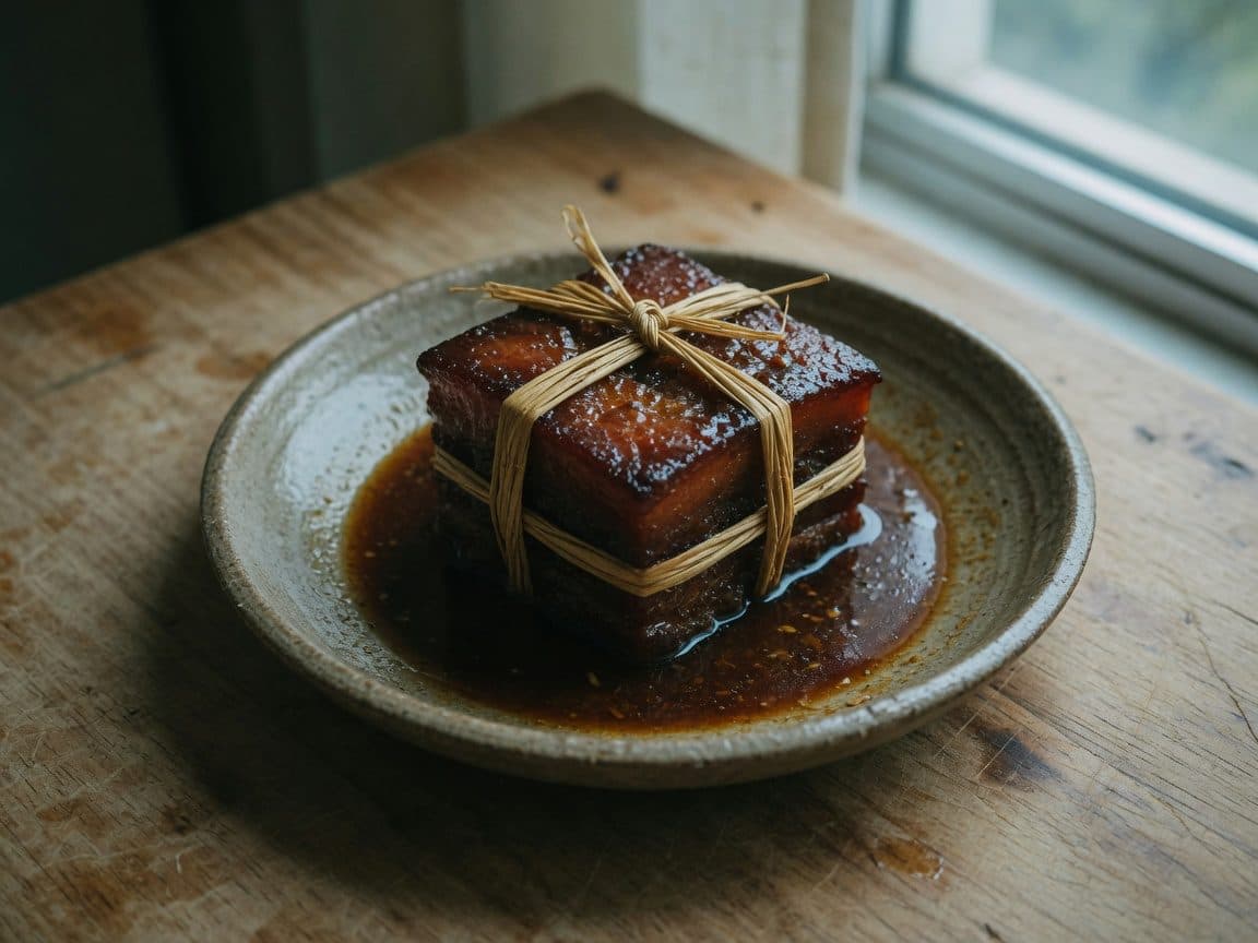 Dark glossy braised pork belly squares tied with straw in a shallow dish