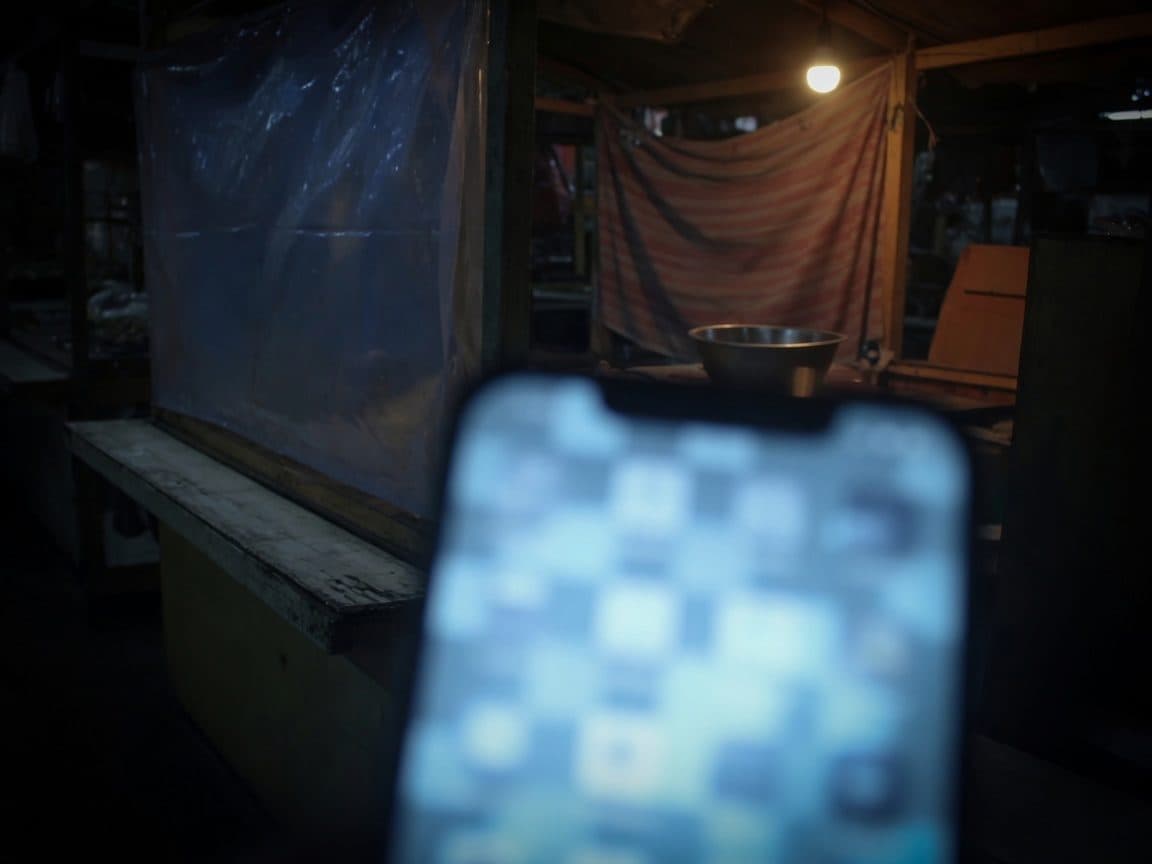 An out-of-focus phone screen glowing in a dark market