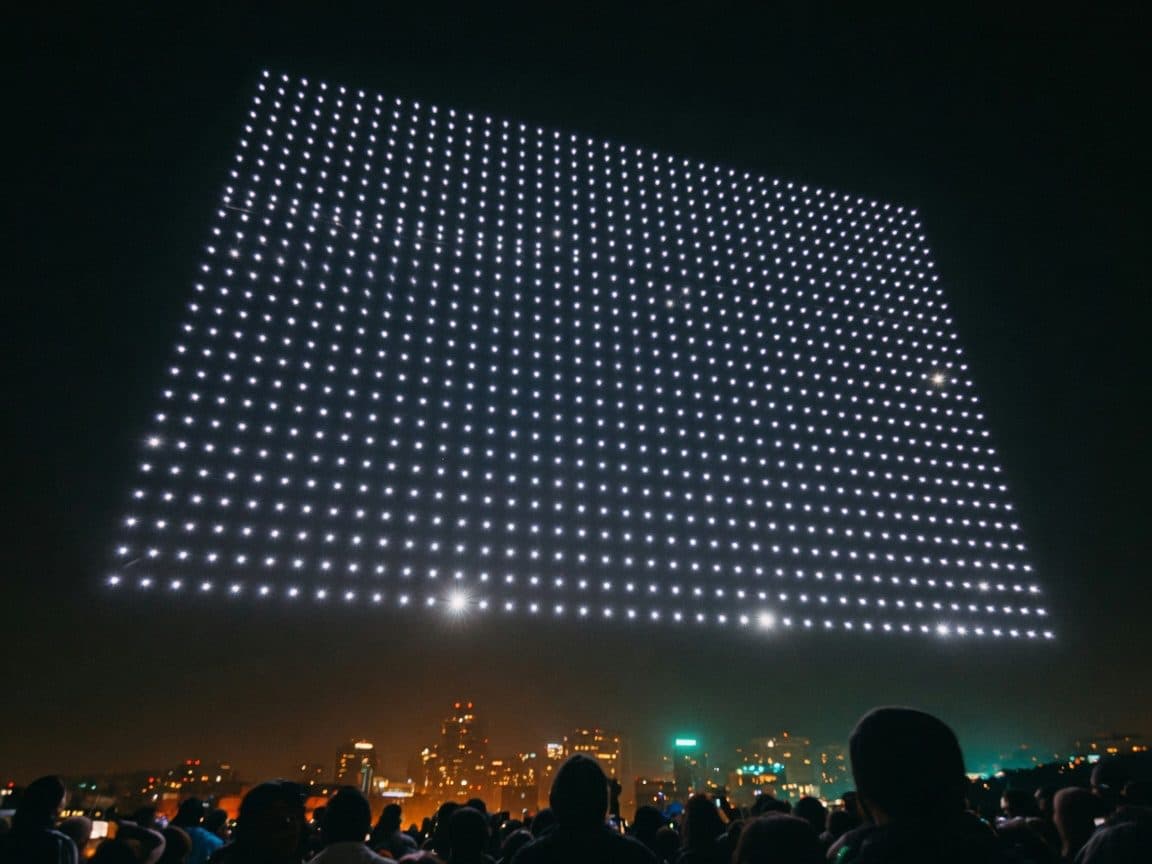 Hundreds of points of light in formation over a dark skyline during a drone show