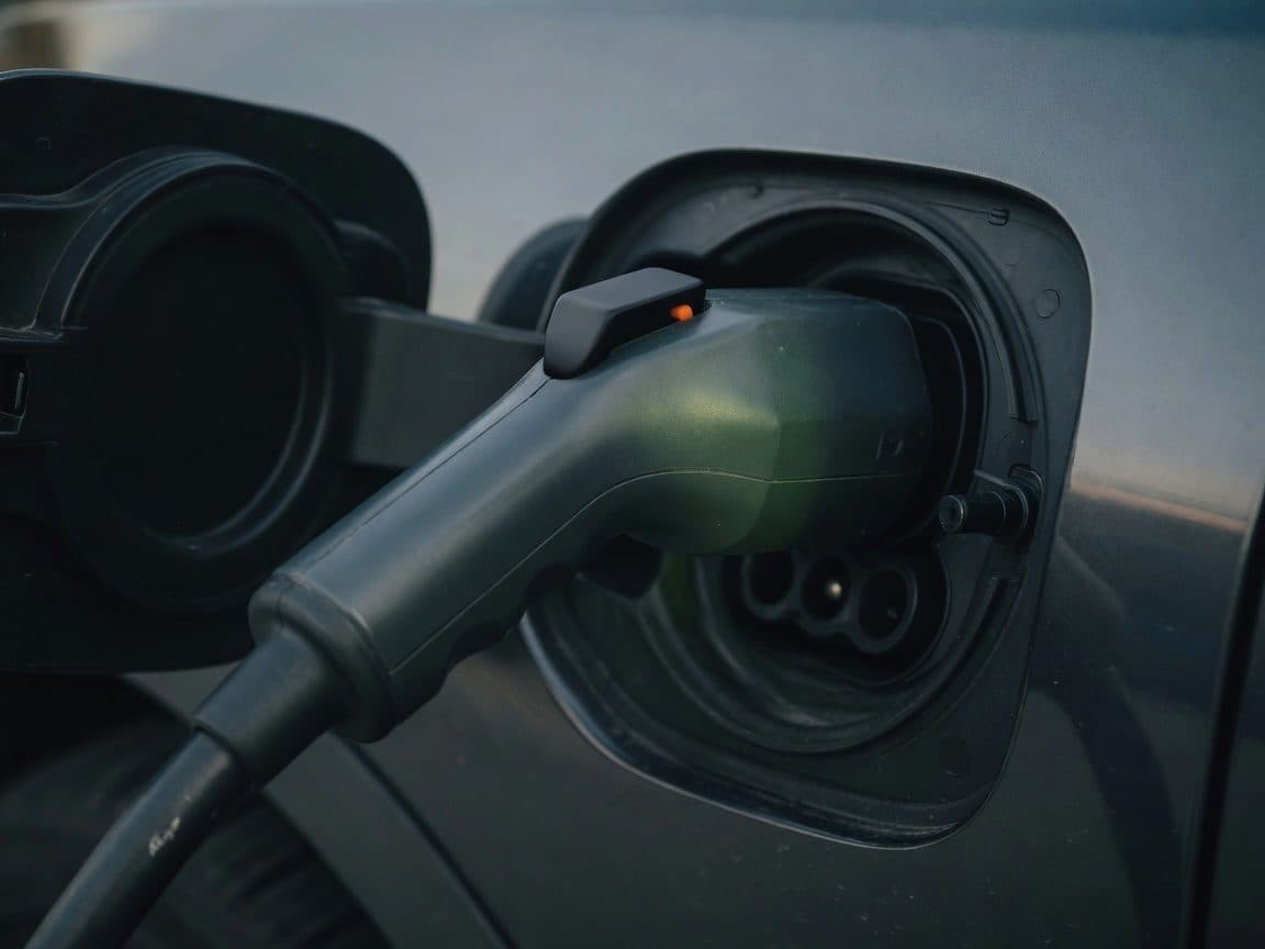 A charging connector seated in a car's charge port, shot macro in cool light