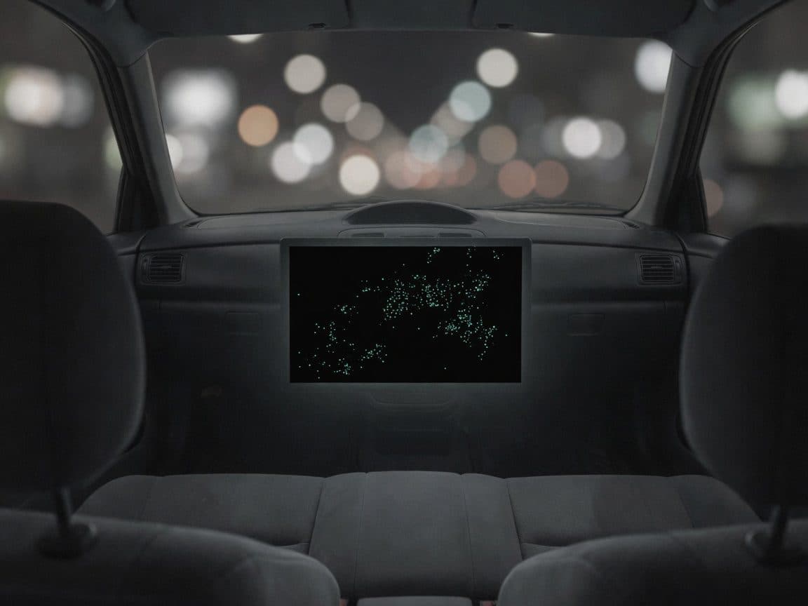 An empty car interior at night from the rear seat, an abstract point-cloud glow on the dashboard screen