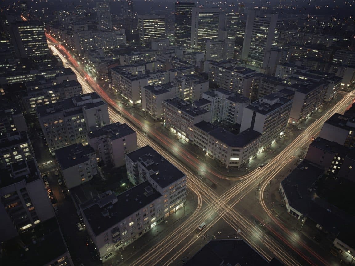 A night skyline from above with long-exposure light trails on the roads