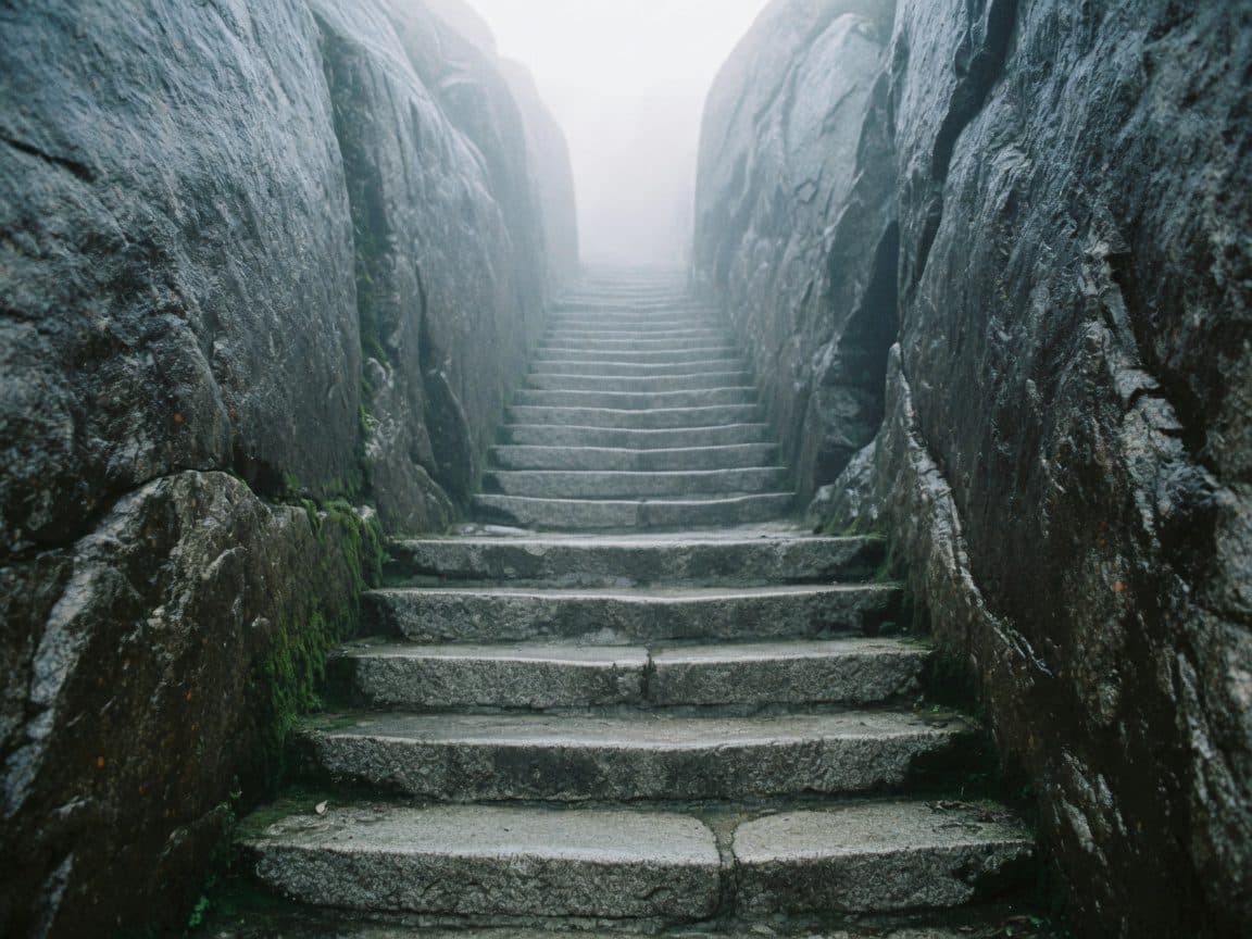 A steep stone stairway climbing between rock walls into thick mist