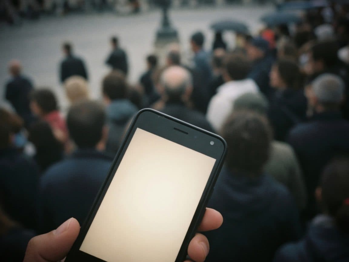 A phone held up in front of an out-of-focus crowd, the screen a blank glow