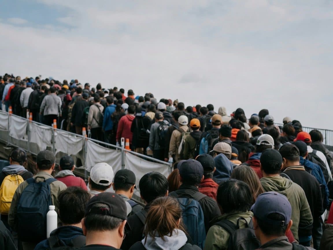 A crowd seen at distance and from behind under a bright sky