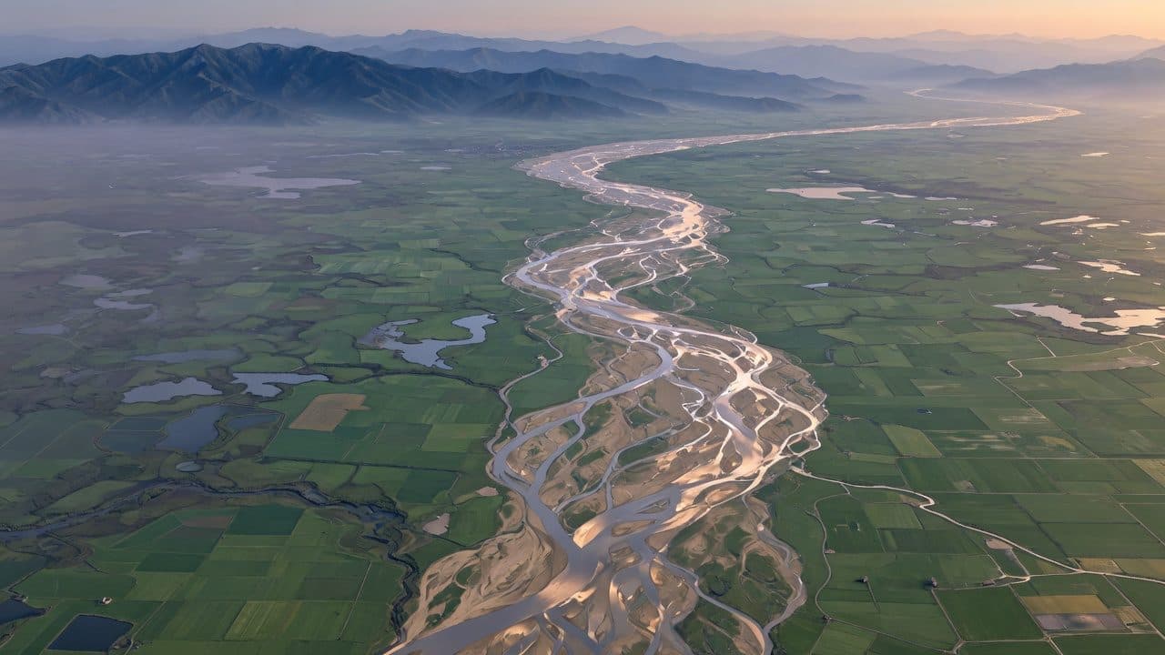Braided river channels crossing a wide farmed plain toward distant ranges