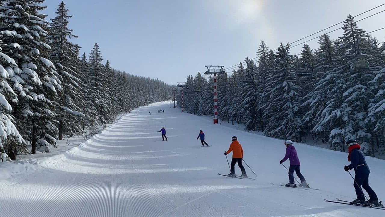 Groomed piste and chairlift towers at the Changbaishan west slope resort