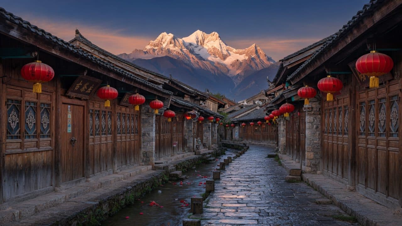A lantern-lit lane in Lijiang Old Town below the snow peaks