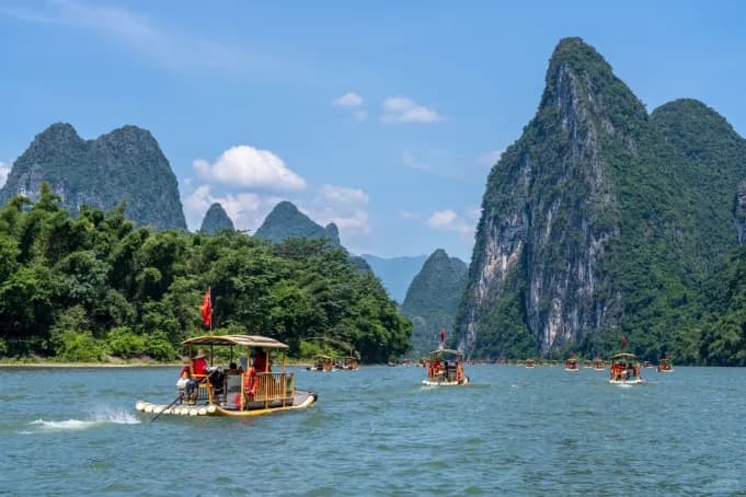 Bamboo rafts on the Li River below the karst peaks
